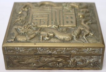 Beautiful Antique Chinese Brass Trinket Box With Dragons And Chinese Characters.