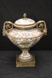 Gorgeous French Style Bronze Mounted, Porcelain Urn With Elaborate Flowers And Birds.