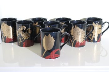 Vintage Fitz And Floyd Imperial Garden Black And Gold 8-piece Mug Set