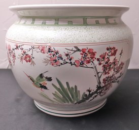 Chinese Hand Painted Porcelain Planter With Hummingbird & Cherry Blossoms.