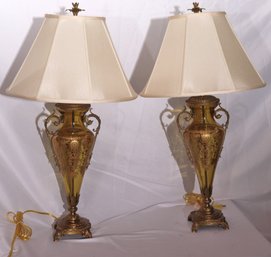 Pair Of Arabesque Style Amber Glass Table Lamps With Brass Bases & Applied Gold Decoration.
