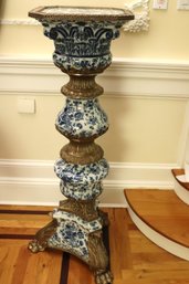 Gorgeous Tall Blue And White Antique Style Bronze Mounted Pedestal With Corinthian Top And Claw Feet.