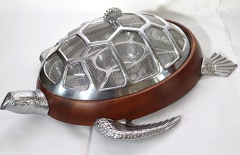 Large Covered Sea Turtle Serving Platter By Frontgate, Stainless On Wood Base