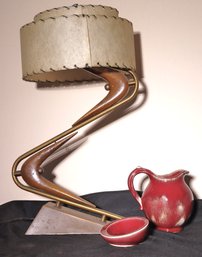 Vintage MCM Table Lamp With Unique Design, Includes A Vintage Solini Pottery Pitcher And Bowl