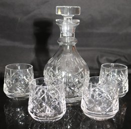 Waterford Lismore Cut Crystal Decanter And 4 Rock Glasses.