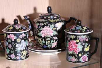 Floral Painted Chinese Tea Set For 2 Includes Assorted Sized Pieces