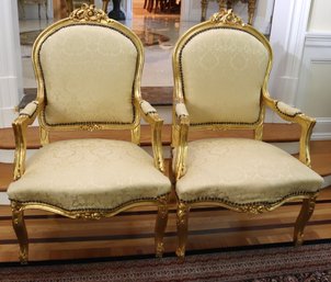 Pair Of Elegant French Louis XV Salon Style Fauteuils Accent Chairs, With Gold Finish And Nail Head Trim.