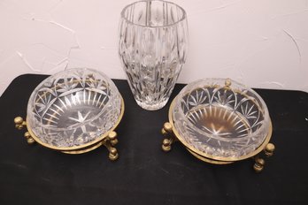 Two Cut Crystal Bowls On Grass Stands And Cut Crystal Veins With Modern Design.