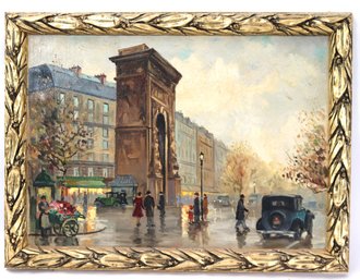 Vintage Paris City Street Scene Painting In Frame