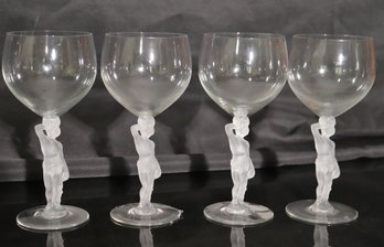 Set Of 4 Wine Glasses With Frosted Bacchus Stems.