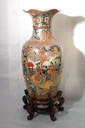 Large Hand Painted Japanese Moriage Floor Vase With Painted Floral Detailing And Scenes Of A Band Playing