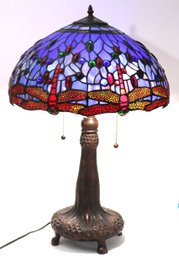 Beautiful Blue & Red Slag Glass Table Lamp On An Ornate Metal Base With A Dragonfly Pattern