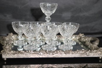 Mirrored Tray With Silver Resin Flowers And Eight Cocktail Glasses