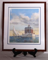 Vintage Framed Print Of Floating Lighthouse With Sailing Ships Signed Lou Bonamart