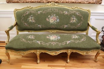 Fantastic French Gilt Wood Rococo Style, 3 Seat Canape Sofa, With Green Textured Floral Upholstery.