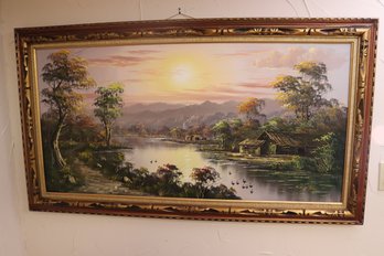 Post Modern Painting Of Southeast Asian River Village Signed And Framed.