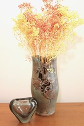 Pretty Handmade Vase With Leaf Design Decorative Arrangement & Miniature Blown Glass Vase That Is Signed