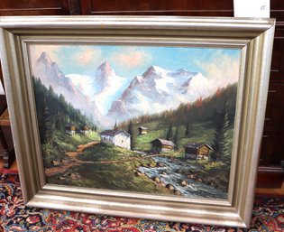 Rustic Pastoral Swiss Farmstead Painting Signed By Artist E. Janin