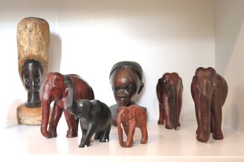 Carved Wood Elephants & Figural Bust, Includes Assorted Sized Pieces