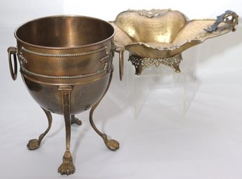 Lacquered Brass Hammered Centerpiece Basket Decor And Ice Bucket With Paw Feet And Patinated Finish