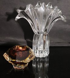 Cofrac Art Verrier France Crystal Vase And MCM Smokey Glass Bowl.