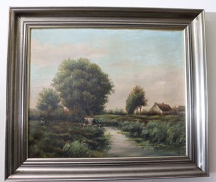 Signed Dutch Landscape With Bucolic Pasture, Cows And Steam, In Silvered Wood Frame.