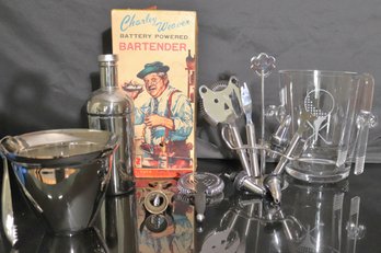 Charley Weaver Battery Powered Bartender And An Assortment Of Bar Ware.