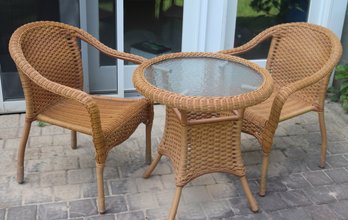 Outdoor Wicker Bistro Set With 2 Armchairs And Glass Top Table. Condition: