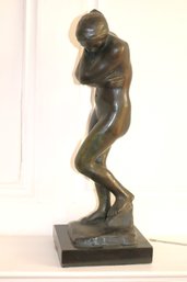 Sensuous Bronze Sculpture After Auguste Rodins Eve On Black Marble Base