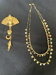 Fashion Jewelry Includes - Fan Pin/ Brooch By Nimble Fingers W Charm Accents Approx. 2.5 In Size, Necklace