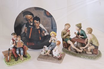 Norman Rockwell Figurines Of Children At Play, And Collector Plate.