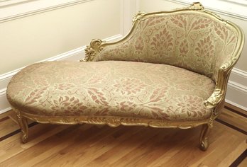 Lovely Belle Epoch Style Recamier Chaise With Gold Scroll Edge Frame And Damask Upholstery.