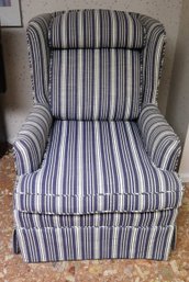 Vintage Blue Striped Fabric Wing Chair With Down Filled Cushion.