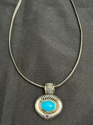 14K YG/.925 David Yurman Pendant With Polished Turquoise Center Stone- Amethyst Accent Stone 17 Inch Necklace