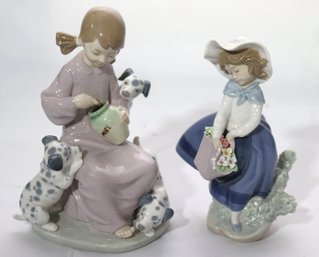 Lladro Porcelain Figurines Includes 1248 E-24 M Little Girl With Puppies And Girl With A Basket Of Flowers