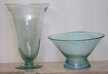 Hand Blown Seafoam Green Toned Footed Bowl And Vase