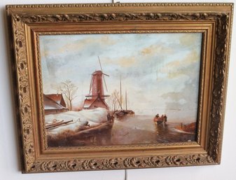 Dutch Oil On Board Winter Scene With Frozen Pond And Windmill.