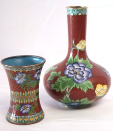 Vintage Chinese Cloisonne Floral Vase And Cloisonne Cup With Blue Enamel Interior