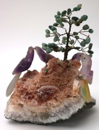 Geode Rock Sculpture With Carved Amethyst Birds Of Paradise Accents