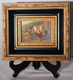 Oil Painting In Wood Of Colorful Strutting, Rooster, And Hens In Wide Black And Gold Frame.