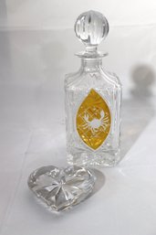 Crystal Decanter With Etched Crab & Yellow Glass Accent Includes Heart Paperweight