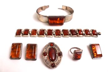 Lot Of Vintage Amber And Sterling Silver Jewelry With Bracelet, Earrings, Pin .