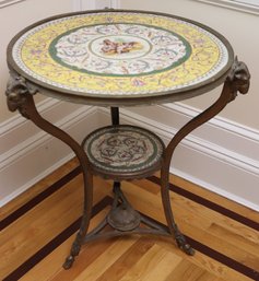 Beautiful French Style Porcelain And Bronze Mounted Gueridon Side Table With Rams Heads Accents.