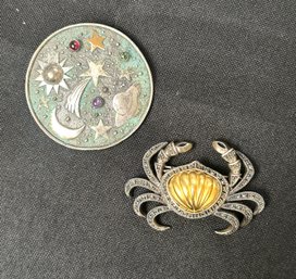 Vintage Round Sterling Silver Pin Of The Galaxy, Sun, Moon, Stars And Sterling/Marcasite Crab Pin