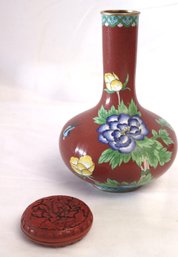 Vintage Chinese Cloisonne Floral Vase And Cinnabar Box.