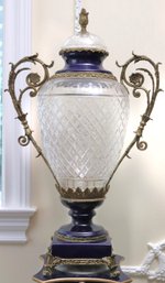 A Fabulous Tall, Cut Crystal And Cobalt Blue Porcelain, Bronze Mounted Urn.