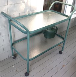 Green Aluminum Two Tier Bar Cart With Textured Glass Shelves