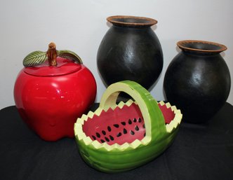 Water Melon Ceramic Basket By ST, Indonesian Pottery Vases, Large Apple Cookies Jar/canister With Lid USA S214