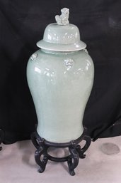 Tall Ceramic Jade Green Ginger Jar With Craquelure Finish And Foo Dog Topped Lid