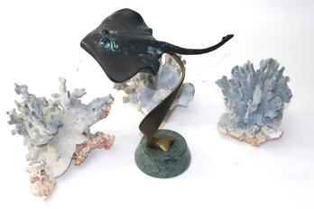 Vintage Brass Stingray Sculpture On A Polished Stone Base, Includes Decorative Coral Accents